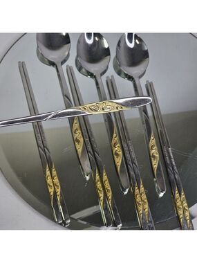 Kitchen Self 18/10 Stainless Steel Chopsticks & Spoons Set For 4 Gold Swans